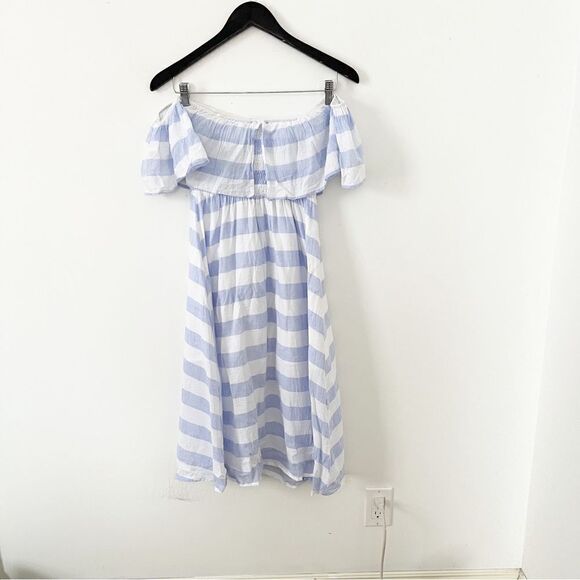 Lulu’s Blue Ivory “Transatlantic Voyage” Off The Shoulder Striped Mini Dress - Picture 7 of 15